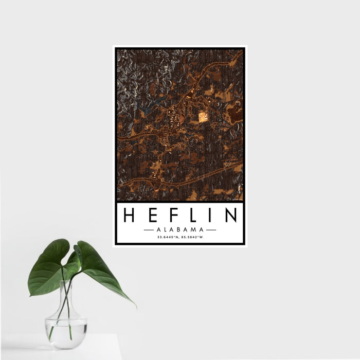 16x24 Heflin Alabama Map Print Portrait Orientation in Ember Style With Tropical Plant Leaves in Water