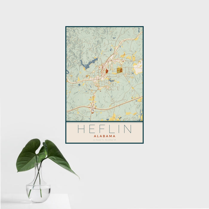 16x24 Heflin Alabama Map Print Portrait Orientation in Woodblock Style With Tropical Plant Leaves in Water