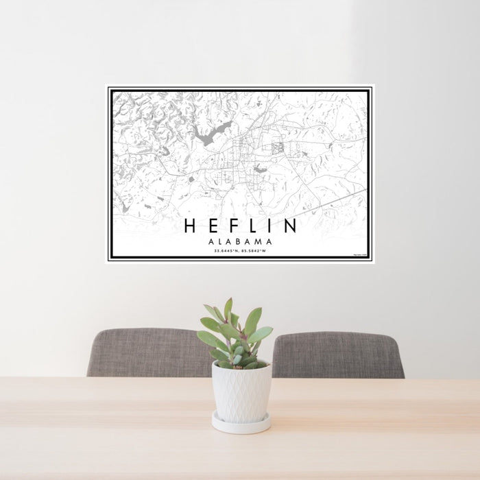 24x36 Heflin Alabama Map Print Lanscape Orientation in Classic Style Behind 2 Chairs Table and Potted Plant