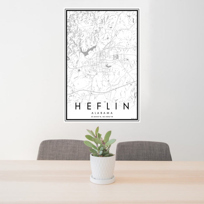 24x36 Heflin Alabama Map Print Portrait Orientation in Classic Style Behind 2 Chairs Table and Potted Plant