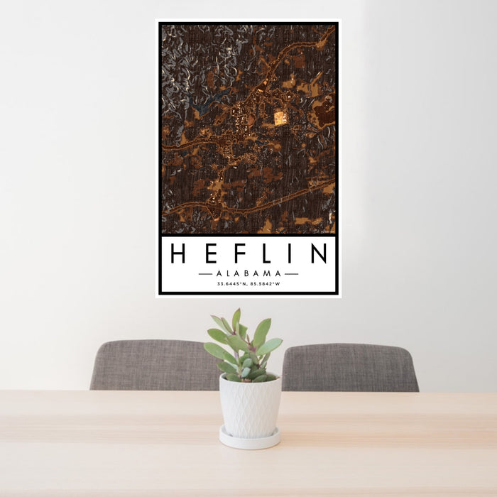24x36 Heflin Alabama Map Print Portrait Orientation in Ember Style Behind 2 Chairs Table and Potted Plant