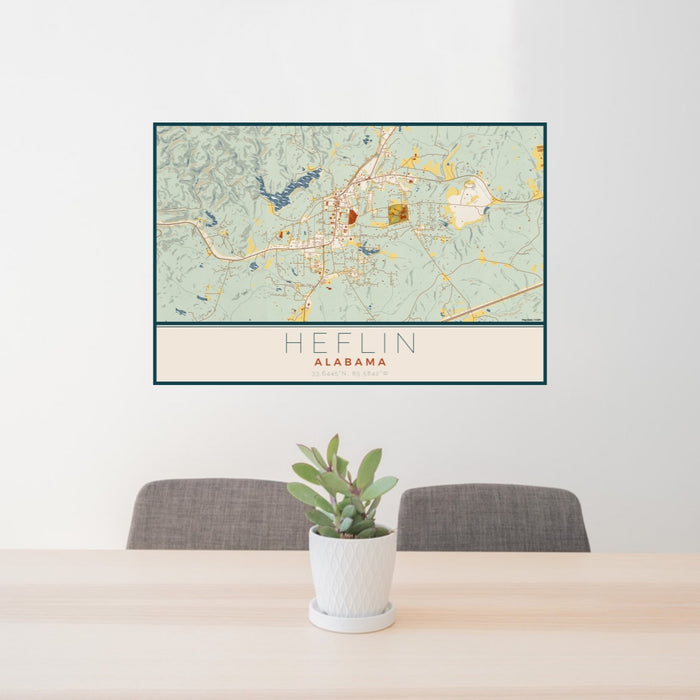 24x36 Heflin Alabama Map Print Lanscape Orientation in Woodblock Style Behind 2 Chairs Table and Potted Plant
