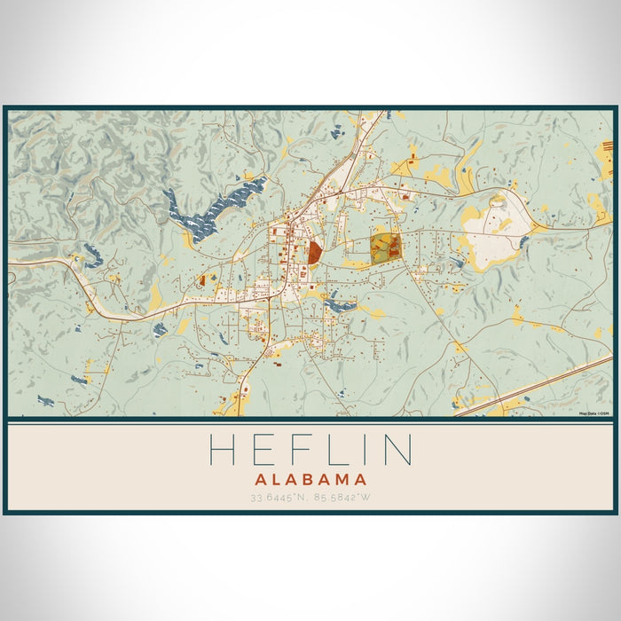 Heflin Alabama Map Print Landscape Orientation in Woodblock Style With Shaded Background