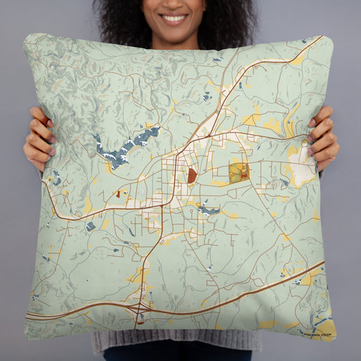 Person holding 22x22 Custom Heflin Alabama Map Throw Pillow in Woodblock