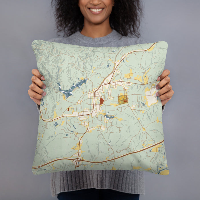 Person holding 18x18 Custom Heflin Alabama Map Throw Pillow in Woodblock