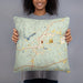 Person holding 18x18 Custom Heflin Alabama Map Throw Pillow in Woodblock