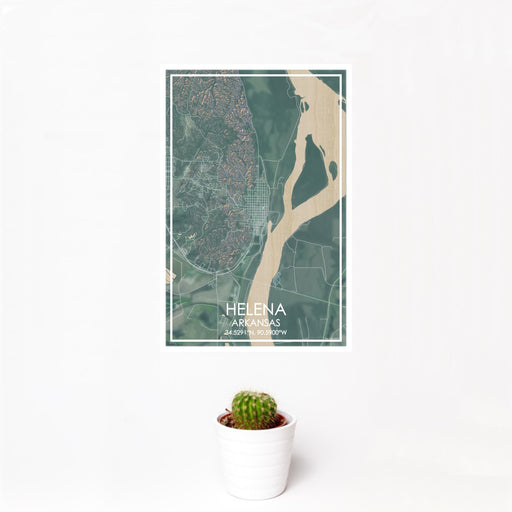 12x18 Helena Arkansas Map Print Portrait Orientation in Afternoon Style With Small Cactus Plant in White Planter