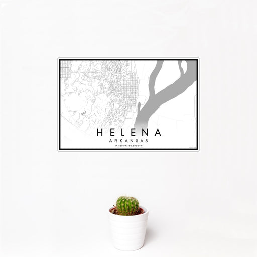 12x18 Helena Arkansas Map Print Landscape Orientation in Classic Style With Small Cactus Plant in White Planter