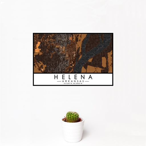 12x18 Helena Arkansas Map Print Landscape Orientation in Ember Style With Small Cactus Plant in White Planter