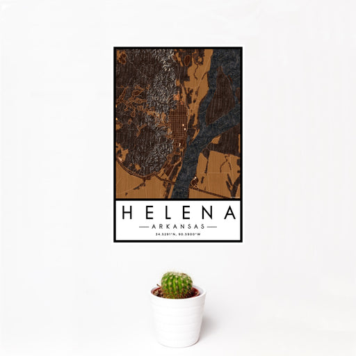 12x18 Helena Arkansas Map Print Portrait Orientation in Ember Style With Small Cactus Plant in White Planter