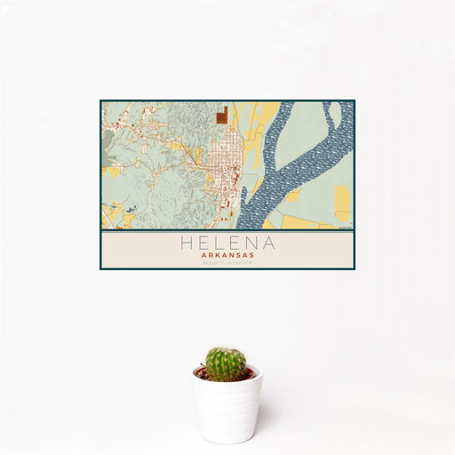 12x18 Helena Arkansas Map Print Landscape Orientation in Woodblock Style With Small Cactus Plant in White Planter