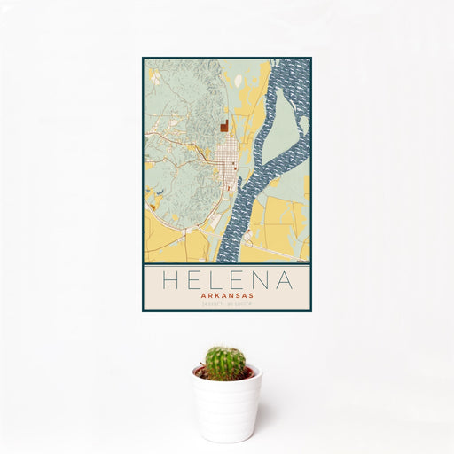 12x18 Helena Arkansas Map Print Portrait Orientation in Woodblock Style With Small Cactus Plant in White Planter