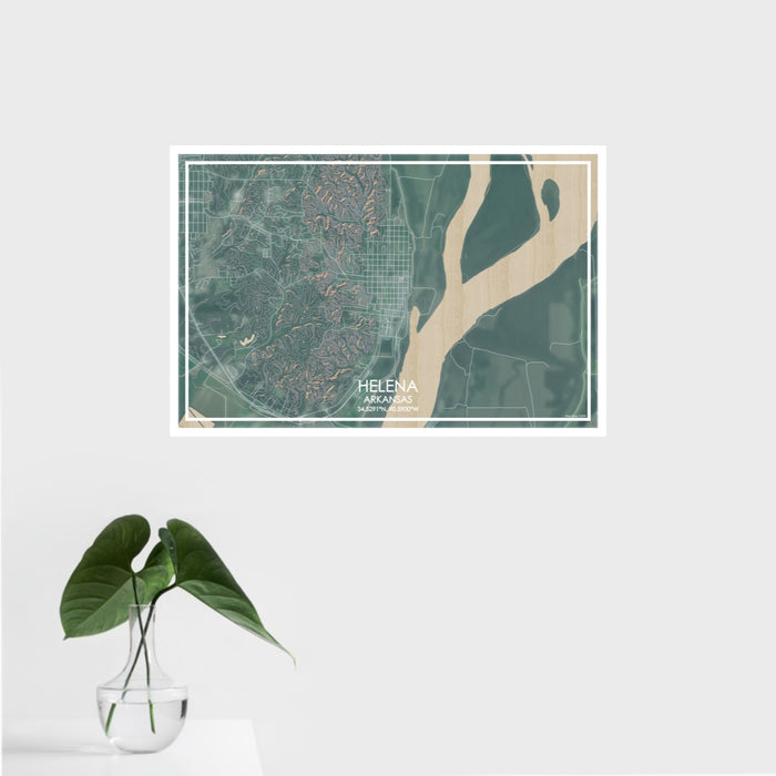 16x24 Helena Arkansas Map Print Landscape Orientation in Afternoon Style With Tropical Plant Leaves in Water