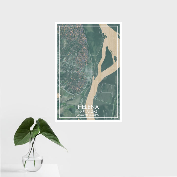 16x24 Helena Arkansas Map Print Portrait Orientation in Afternoon Style With Tropical Plant Leaves in Water