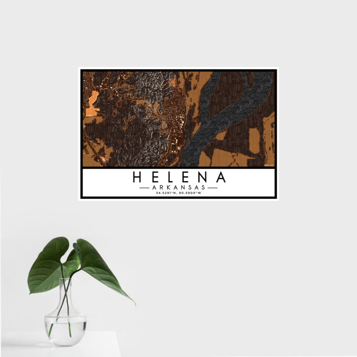 16x24 Helena Arkansas Map Print Landscape Orientation in Ember Style With Tropical Plant Leaves in Water