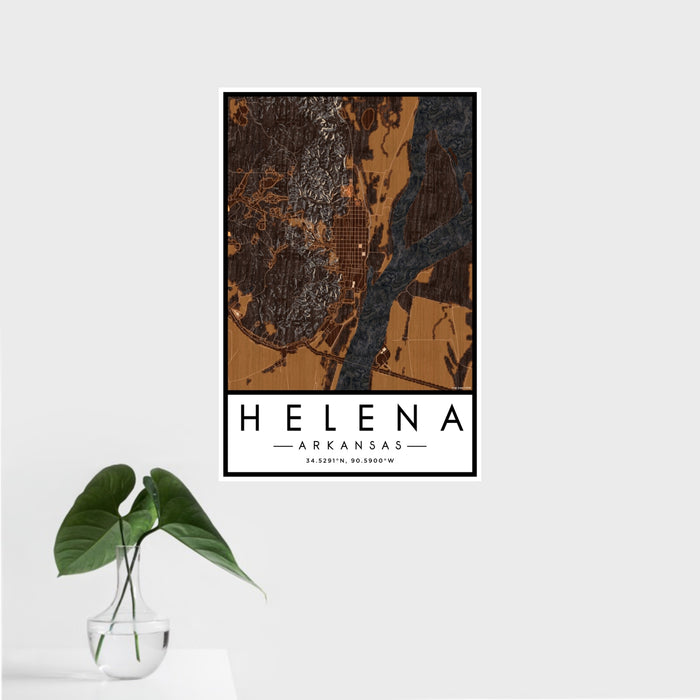 16x24 Helena Arkansas Map Print Portrait Orientation in Ember Style With Tropical Plant Leaves in Water