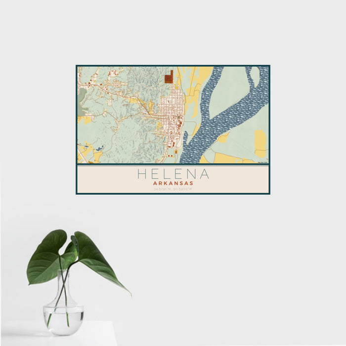 16x24 Helena Arkansas Map Print Landscape Orientation in Woodblock Style With Tropical Plant Leaves in Water