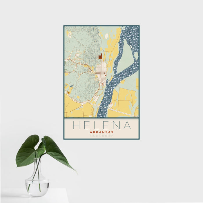 16x24 Helena Arkansas Map Print Portrait Orientation in Woodblock Style With Tropical Plant Leaves in Water