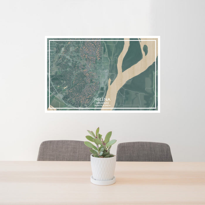 24x36 Helena Arkansas Map Print Lanscape Orientation in Afternoon Style Behind 2 Chairs Table and Potted Plant