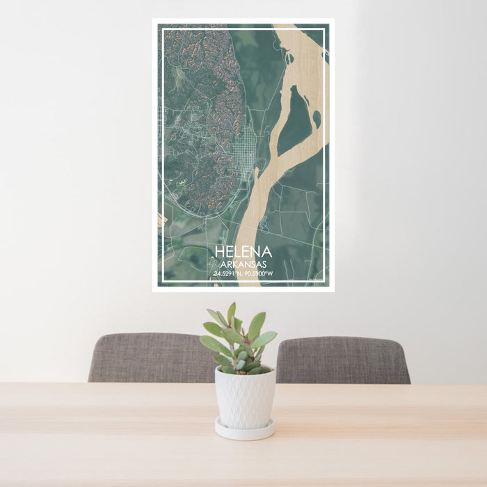 24x36 Helena Arkansas Map Print Portrait Orientation in Afternoon Style Behind 2 Chairs Table and Potted Plant