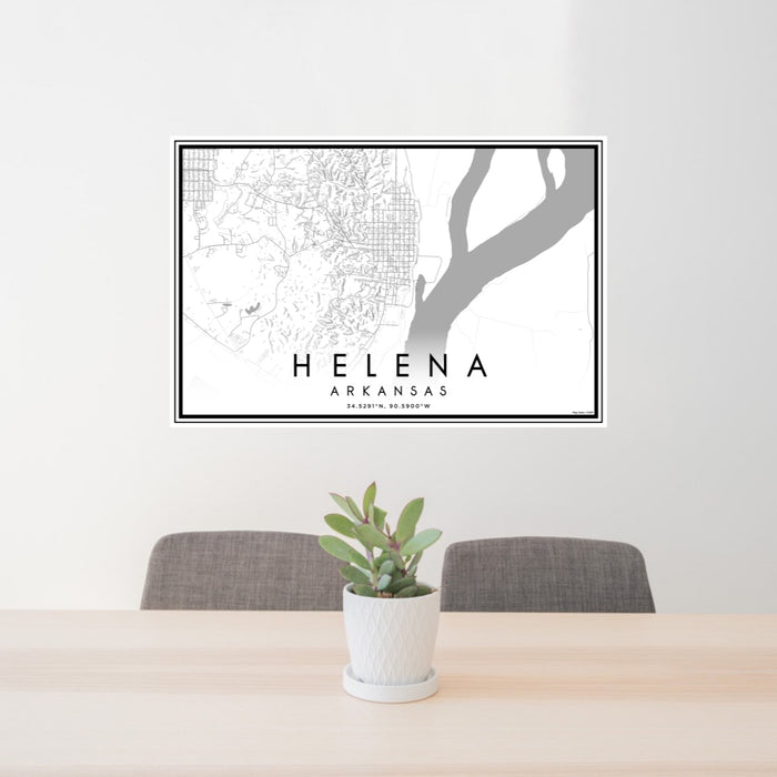 24x36 Helena Arkansas Map Print Lanscape Orientation in Classic Style Behind 2 Chairs Table and Potted Plant