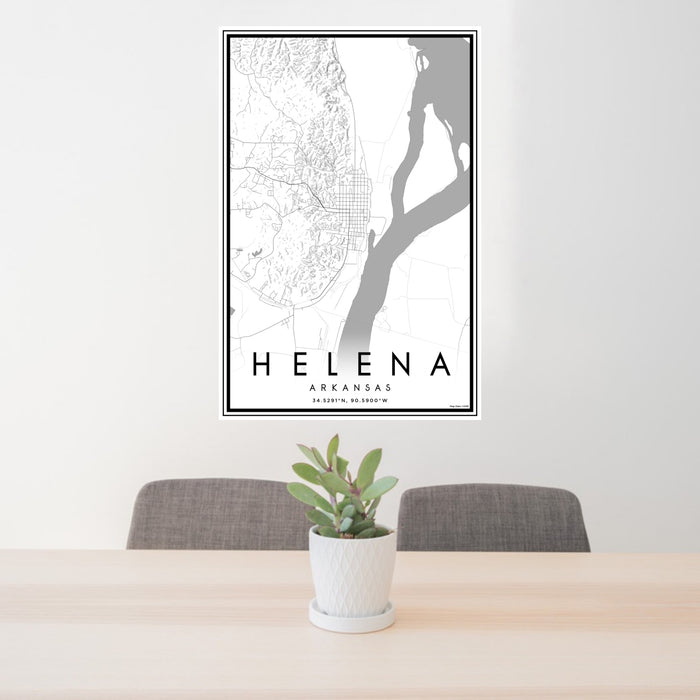 24x36 Helena Arkansas Map Print Portrait Orientation in Classic Style Behind 2 Chairs Table and Potted Plant