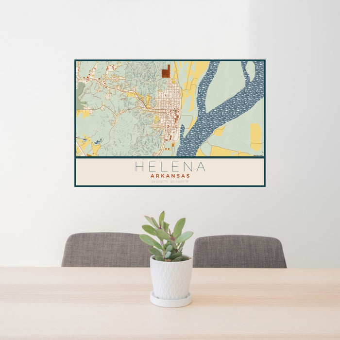 24x36 Helena Arkansas Map Print Lanscape Orientation in Woodblock Style Behind 2 Chairs Table and Potted Plant