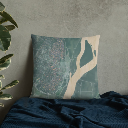 Custom Helena Arkansas Map Throw Pillow in Afternoon on Bedding Against Wall