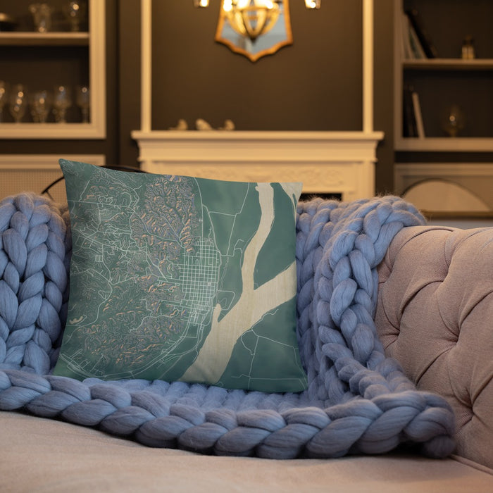 Custom Helena Arkansas Map Throw Pillow in Afternoon on Cream Colored Couch