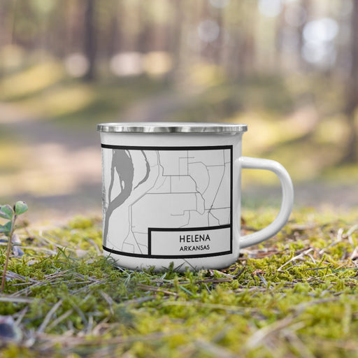 Right View Custom Helena Arkansas Map Enamel Mug in Classic on Grass With Trees in Background
