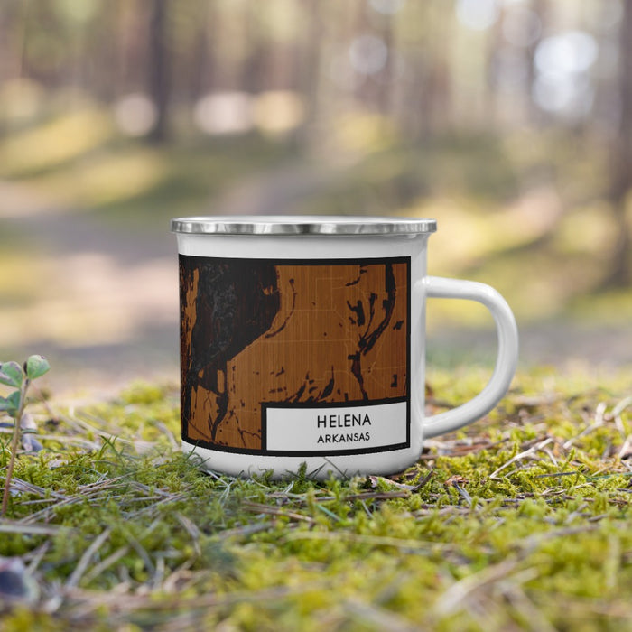 Right View Custom Helena Arkansas Map Enamel Mug in Ember on Grass With Trees in Background
