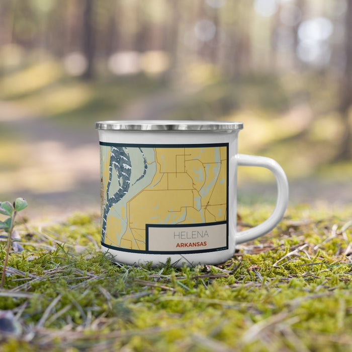 Right View Custom Helena Arkansas Map Enamel Mug in Woodblock on Grass With Trees in Background