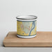 Front View Custom Helena Arkansas Map Enamel Mug in Woodblock on Cutting Board
