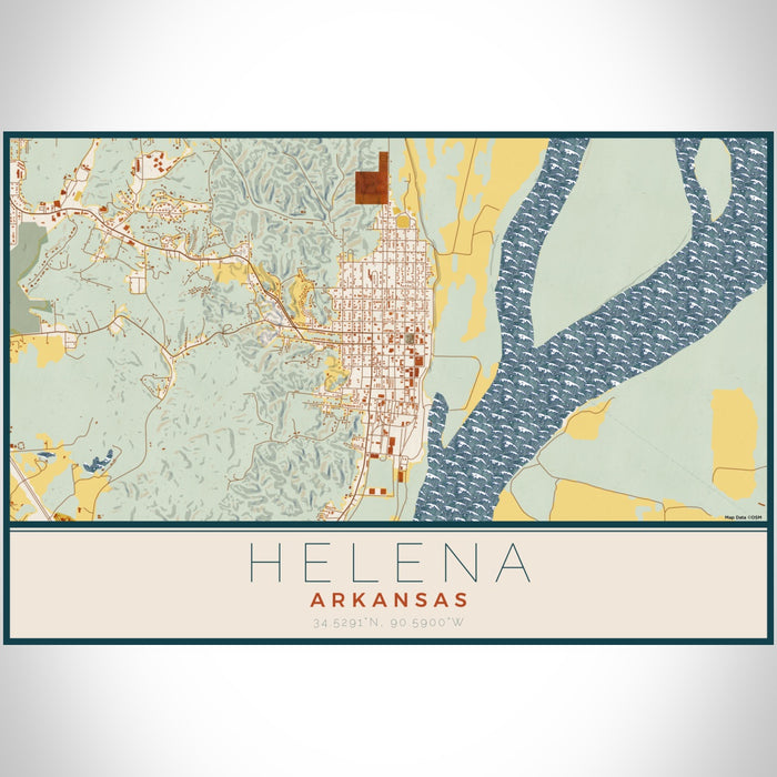 Helena Arkansas Map Print Landscape Orientation in Woodblock Style With Shaded Background