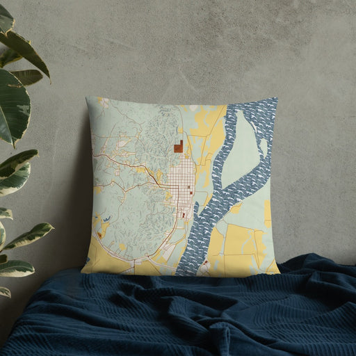 Custom Helena Arkansas Map Throw Pillow in Woodblock on Bedding Against Wall