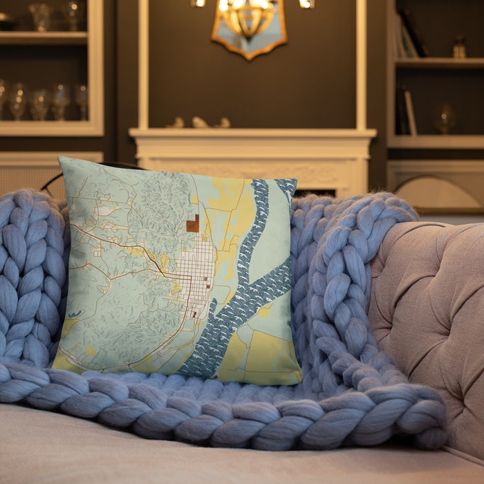Custom Helena Arkansas Map Throw Pillow in Woodblock on Cream Colored Couch