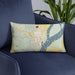 Custom Helena Arkansas Map Throw Pillow in Woodblock on Blue Colored Chair