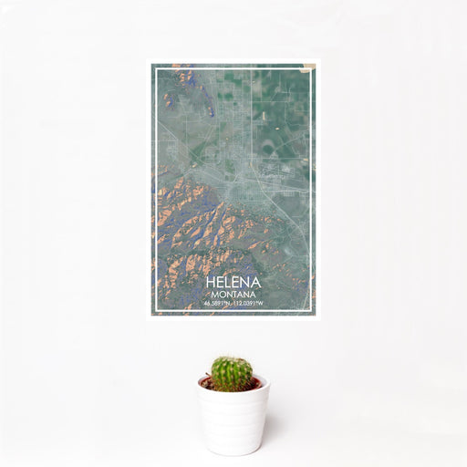12x18 Helena Montana Map Print Portrait Orientation in Afternoon Style With Small Cactus Plant in White Planter