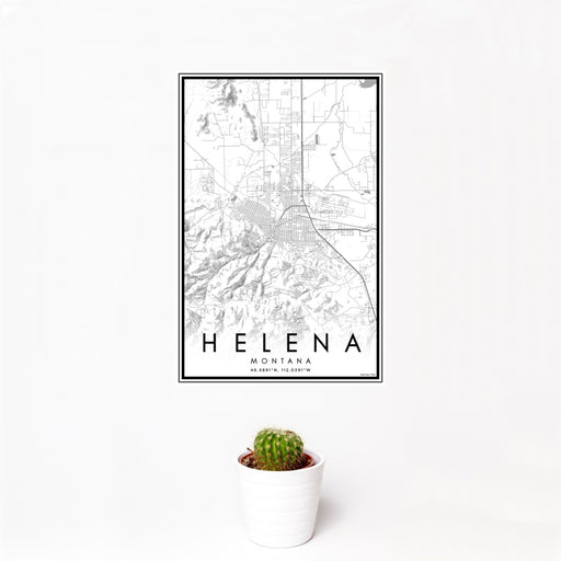 12x18 Helena Montana Map Print Portrait Orientation in Classic Style With Small Cactus Plant in White Planter