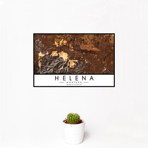 12x18 Helena Montana Map Print Landscape Orientation in Ember Style With Small Cactus Plant in White Planter