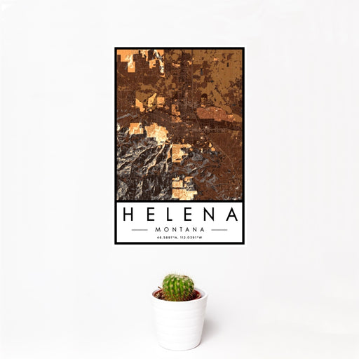 12x18 Helena Montana Map Print Portrait Orientation in Ember Style With Small Cactus Plant in White Planter
