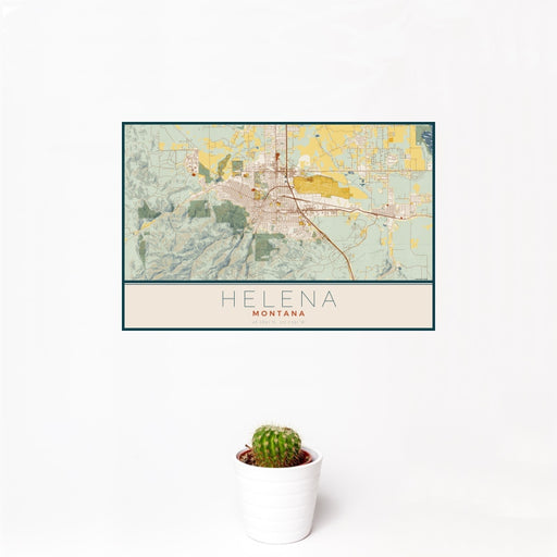 12x18 Helena Montana Map Print Landscape Orientation in Woodblock Style With Small Cactus Plant in White Planter