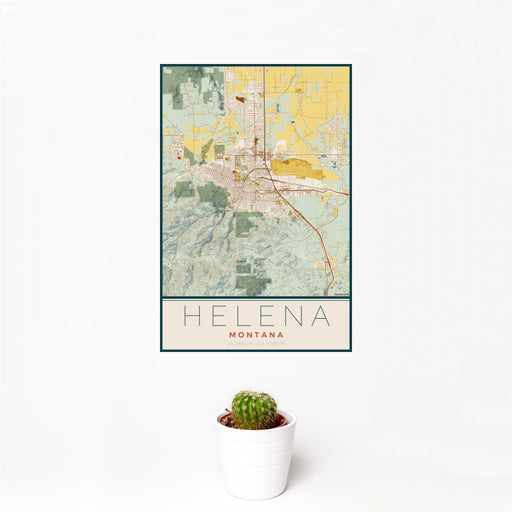 12x18 Helena Montana Map Print Portrait Orientation in Woodblock Style With Small Cactus Plant in White Planter