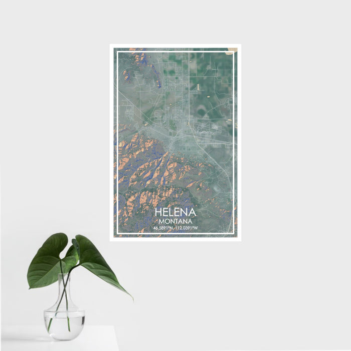 16x24 Helena Montana Map Print Portrait Orientation in Afternoon Style With Tropical Plant Leaves in Water