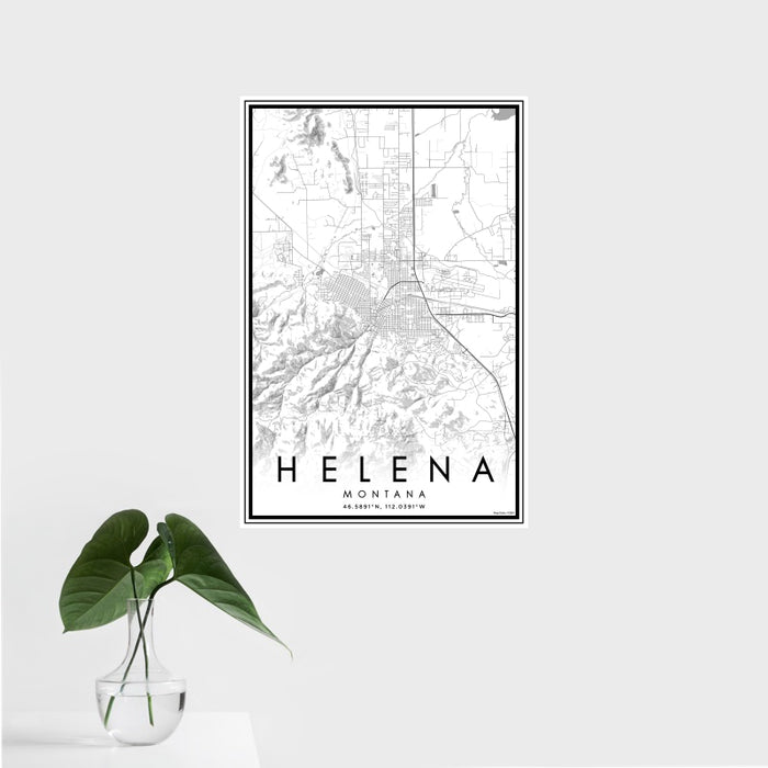 16x24 Helena Montana Map Print Portrait Orientation in Classic Style With Tropical Plant Leaves in Water