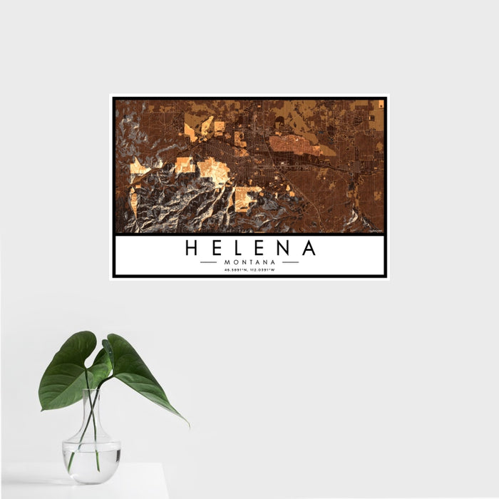 16x24 Helena Montana Map Print Landscape Orientation in Ember Style With Tropical Plant Leaves in Water