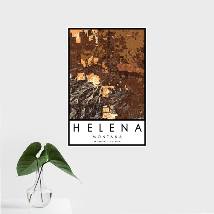 16x24 Helena Montana Map Print Portrait Orientation in Ember Style With Tropical Plant Leaves in Water