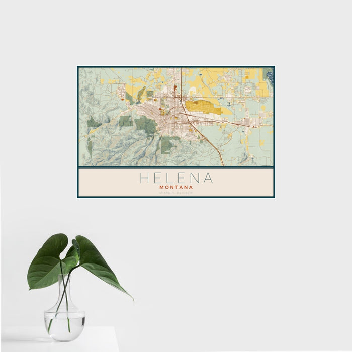 16x24 Helena Montana Map Print Landscape Orientation in Woodblock Style With Tropical Plant Leaves in Water