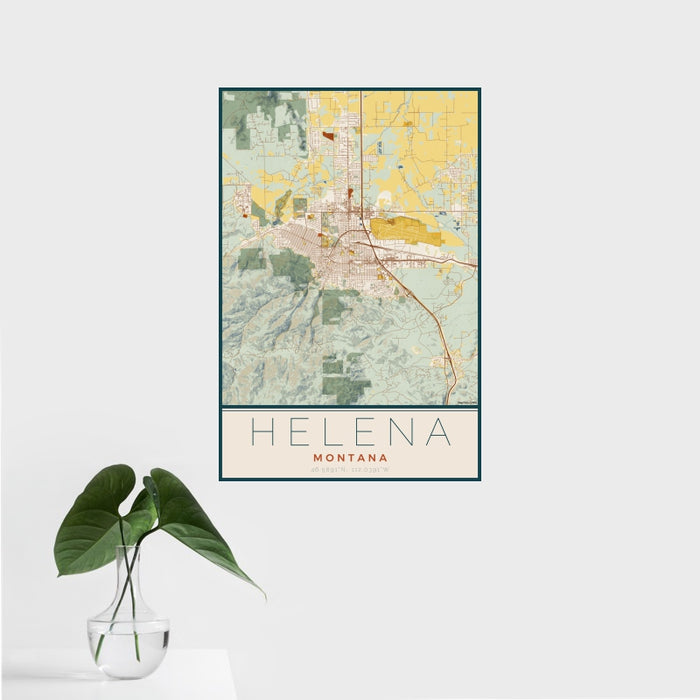 16x24 Helena Montana Map Print Portrait Orientation in Woodblock Style With Tropical Plant Leaves in Water