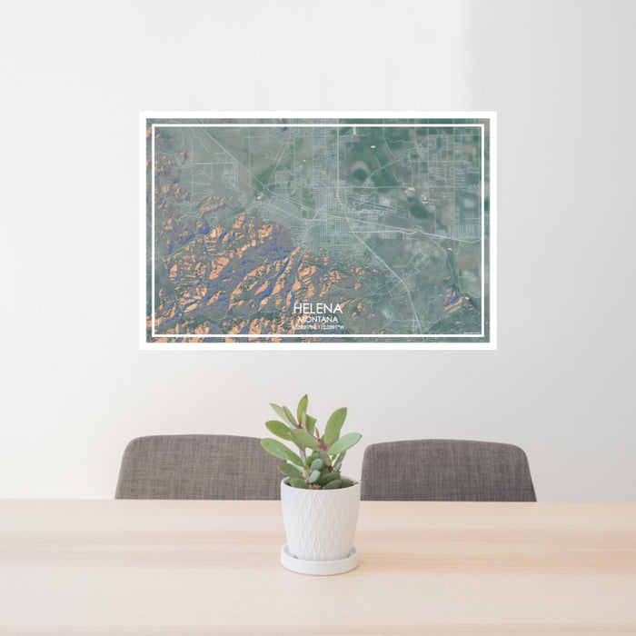 24x36 Helena Montana Map Print Lanscape Orientation in Afternoon Style Behind 2 Chairs Table and Potted Plant